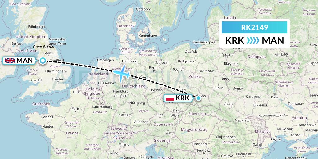 RK2149 Ryanair UK Flight Map: Krakow to Manchester