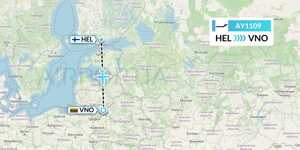 AY1109 Finnair Flight Map: Helsinki to Vilnius
