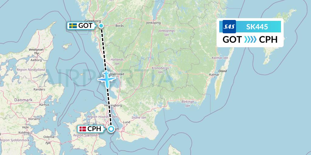 SK445 SAS Flight Map: Gothenburg to Copenhagen