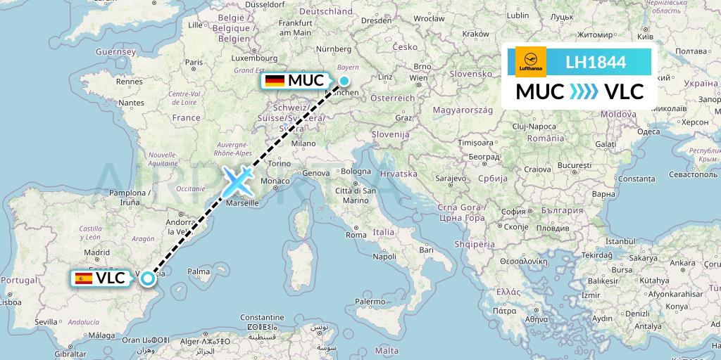 LH1844 Lufthansa Flight Map: Munich to Valencia