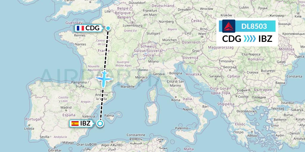 DL8503 Delta Air Lines Flight Map: Paris to Ibiza