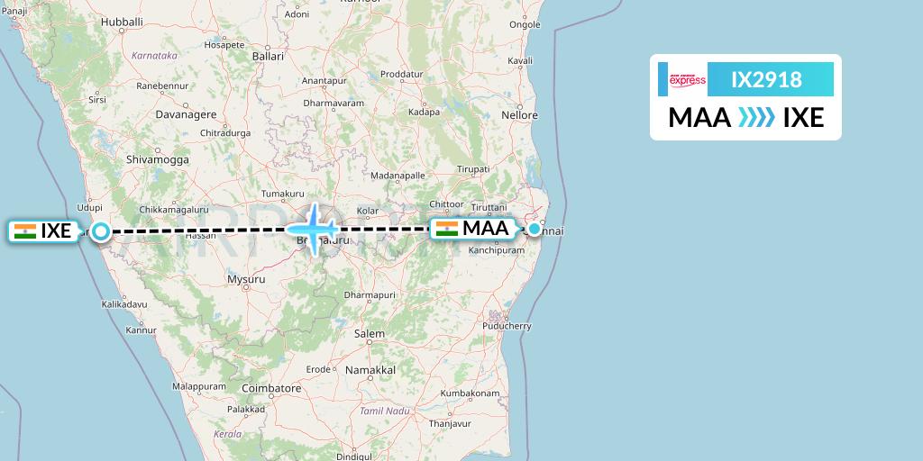 IX2918 Air India Express Flight Map: Chennai to Mangalore