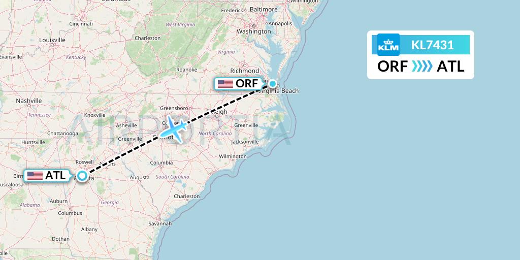 KL7431 KLM Flight Map: Norfolk to Atlanta