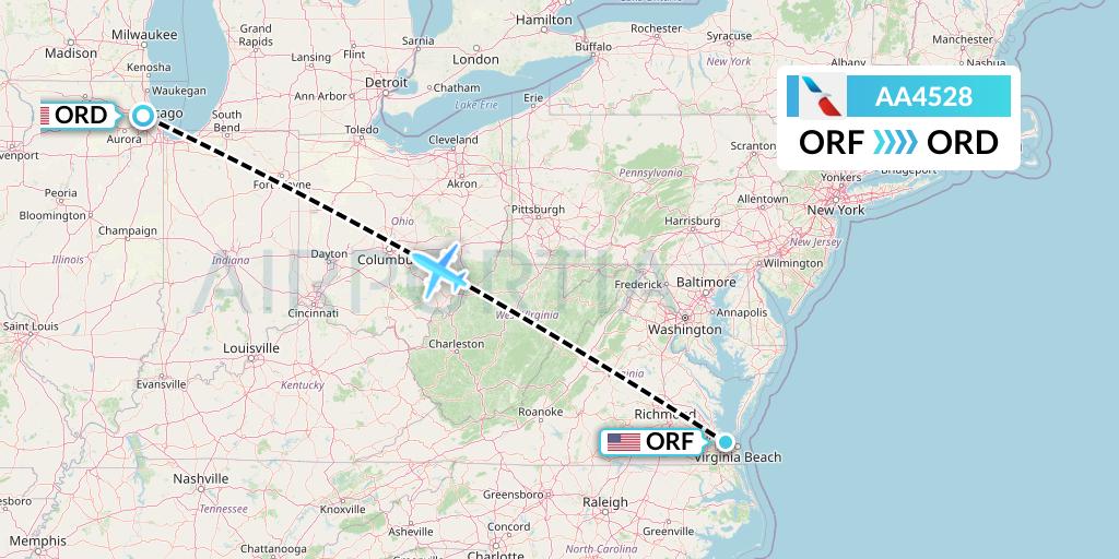 AA4528 American Airlines Flight Map: Norfolk to Chicago