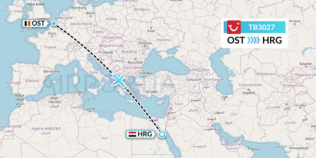 TB3027 TUI fly Belgium Flight Map: Ostend to Hurghada
