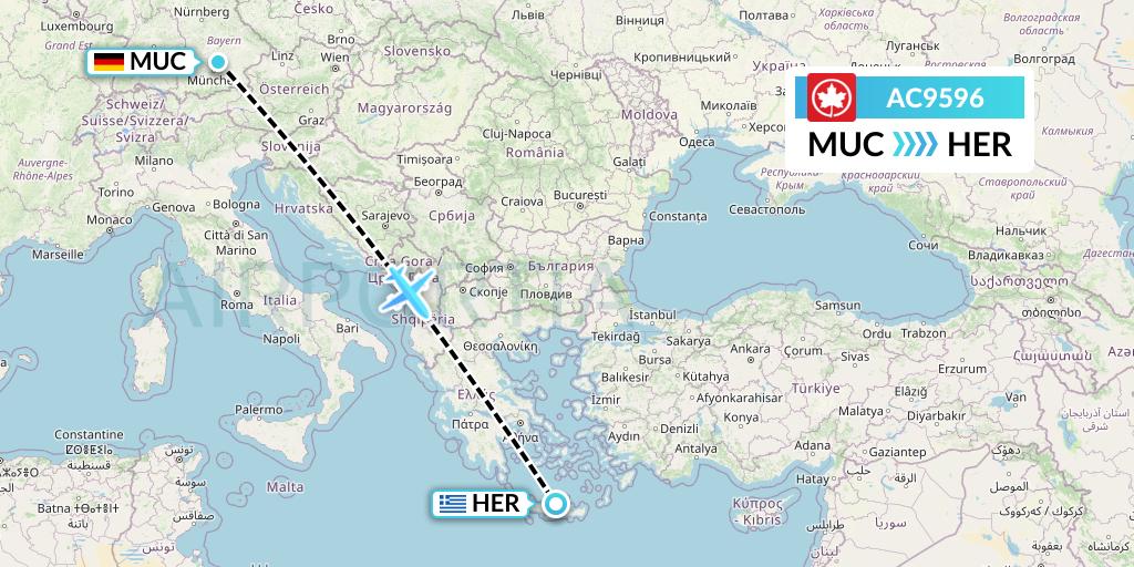 AC9596 Air Canada Flight Map: Munich to Heraklion