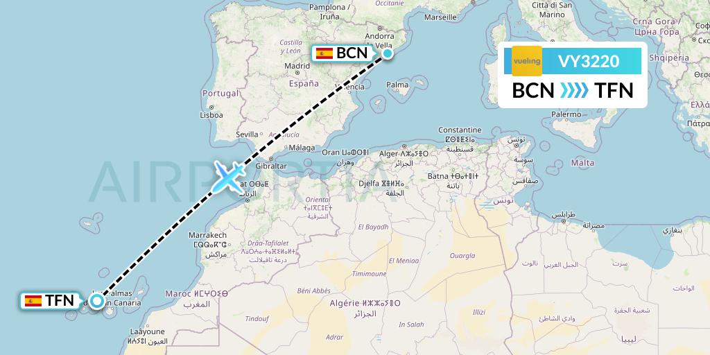 VY3220 Vueling Flight Map: Barcelona to Tenerife