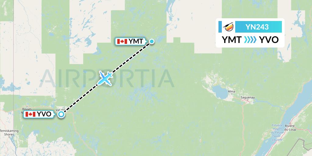 YN243 Air Creebec Flight Map: Chibougamau to Val-d'Or