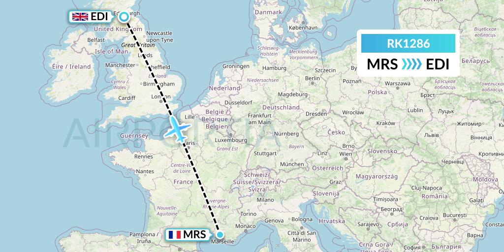 RK1286 Ryanair UK Flight Map: Marseille to Edinburgh