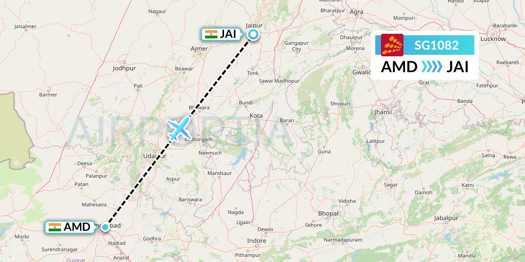 SG1082 SpiceJet Flight Map: Ahmedabad to Jaipur