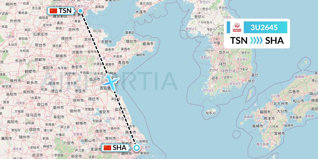 3U2645 Sichuan Airlines Flight Map: Tianjin to Shanghai