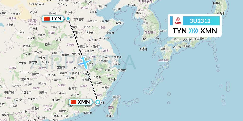 3U2312 Sichuan Airlines Flight Map: Taiyuan to Xiamen