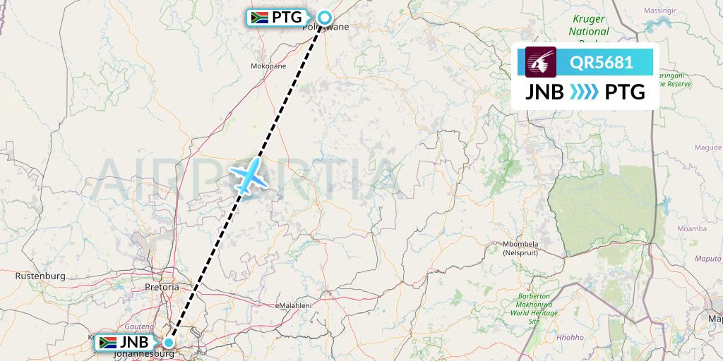 QR5681 Qatar Airways Flight Map: Johannesburg to Polokwane