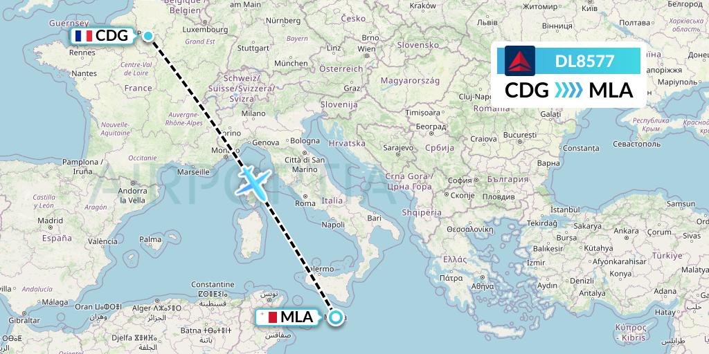 DL8577 Delta Air Lines Flight Map: Paris to Malta