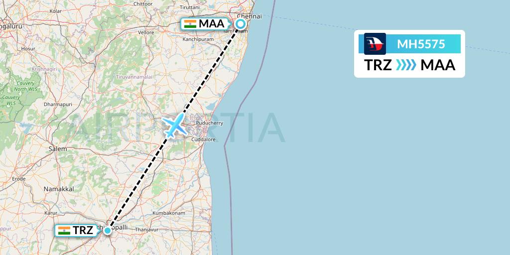 MH5575 Malaysia Airlines Flight Map: Tiruchirapalli to Chennai