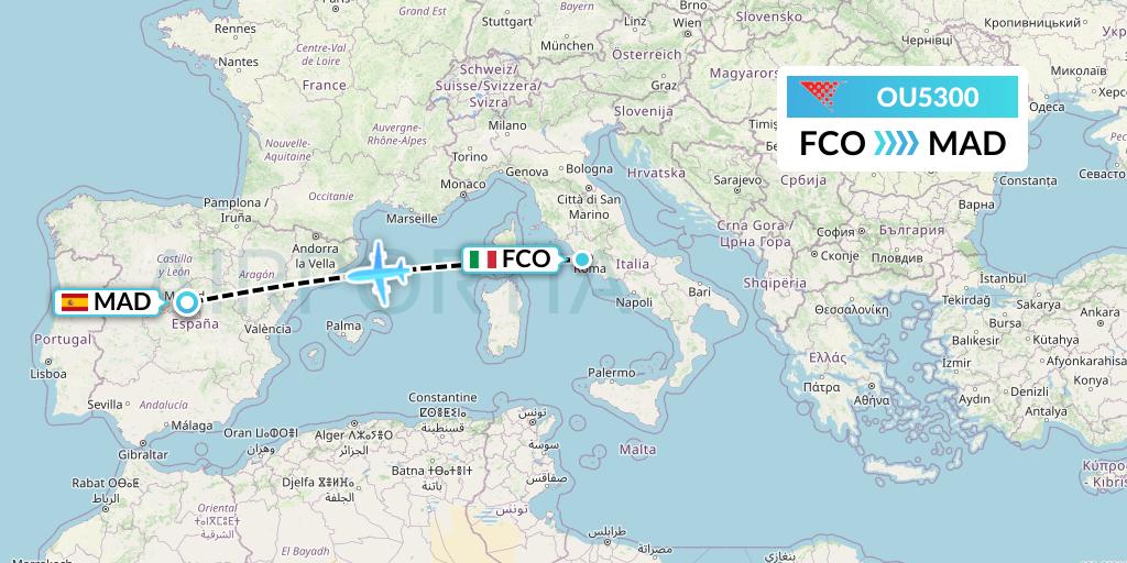 OU5300 Croatia Airlines Flight Map: Rome to Madrid