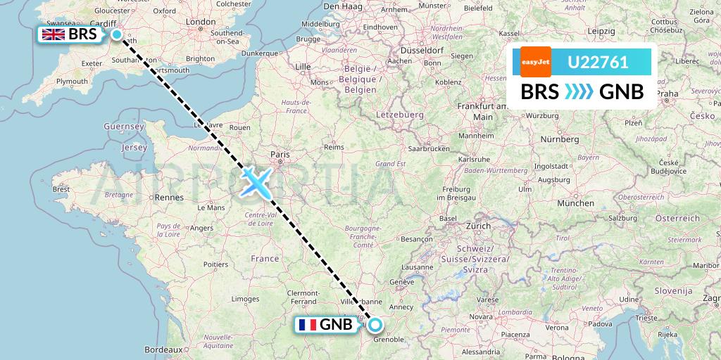 U22761 EasyJet Flight Map: Bristol to Grenoble