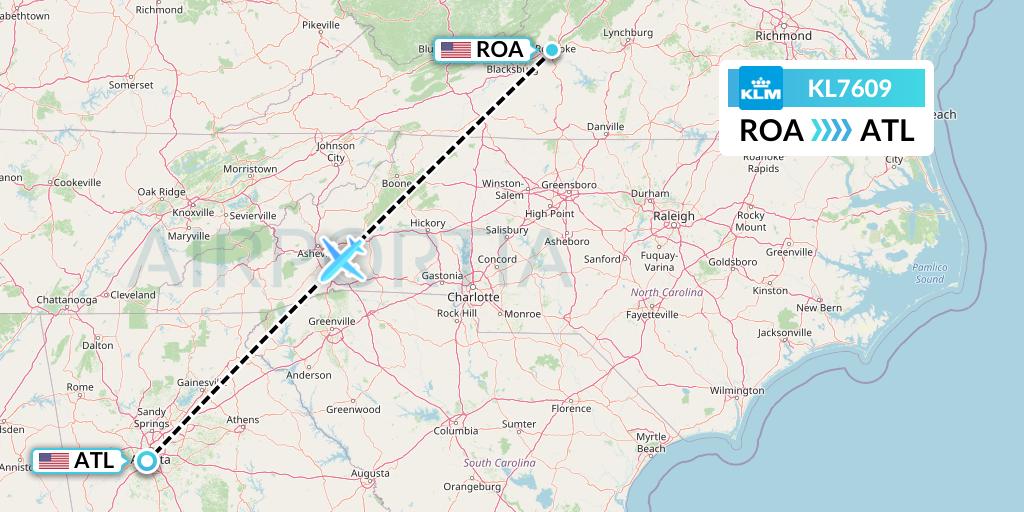 KL7609 KLM Flight Map: Roanoke to Atlanta
