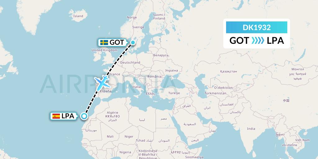 DK1932 Thomas Cook Airlines Scandinavia Flight Map: Gothenburg to Las Palmas