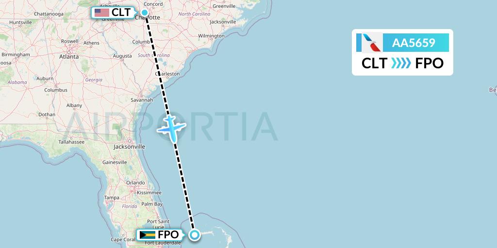 AA5659 American Airlines Flight Map: Charlotte to Freeport