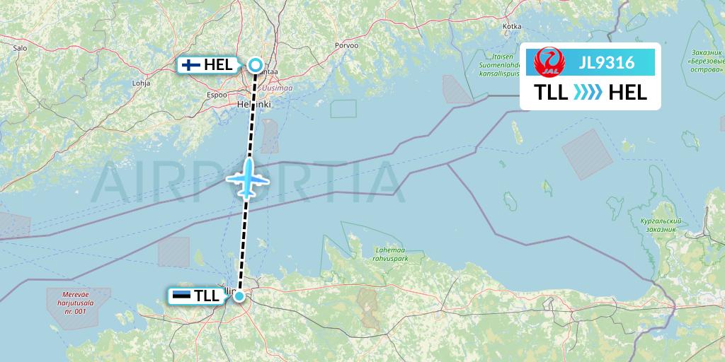 JL9316 Japan Airlines Flight Map: Tallinn to Helsinki
