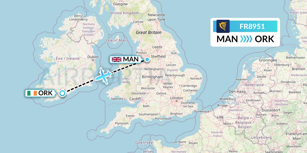 FR8951 Ryanair Flight Map: Manchester to Cork