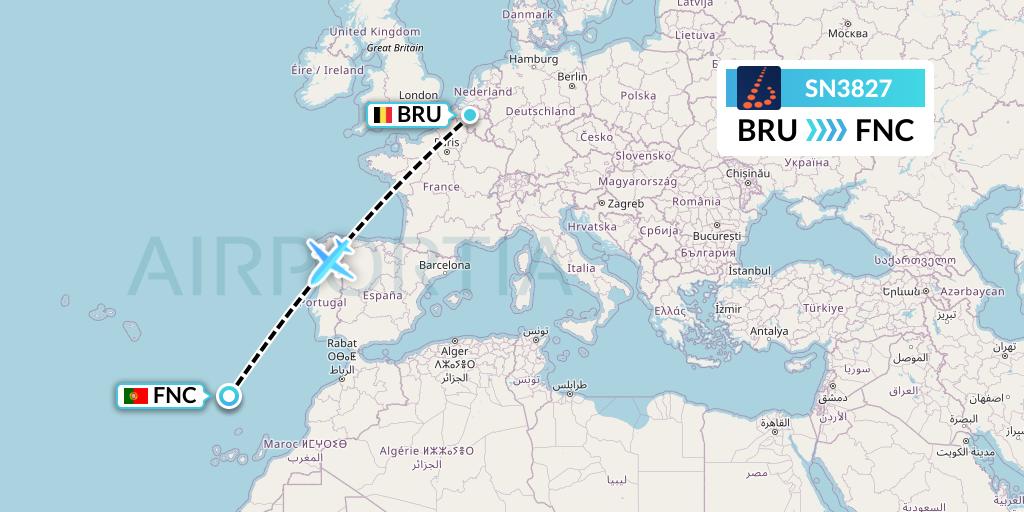 SN3827 Brussels Airlines Flight Map: Brussels to Funchal
