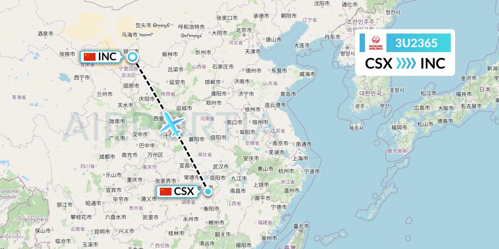 3U2365 Sichuan Airlines Flight Map: Changsha to Yinchuan