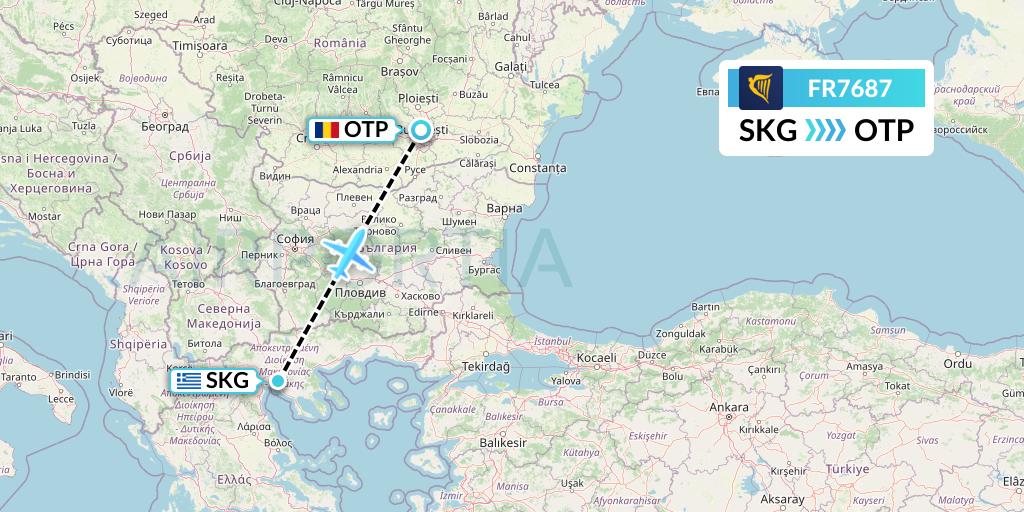 FR7687 Ryanair Flight Map: Thessaloniki to Bucharest