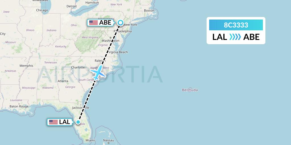 8C3333 Air Transport International Flight Map: Lakeland to Allentown