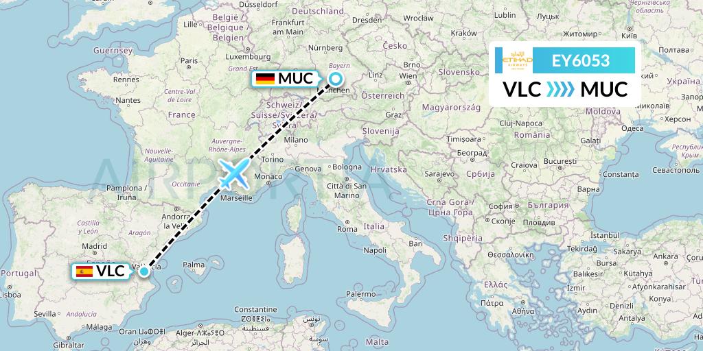 EY6053 Etihad Airways Flight Map: Valencia to Munich