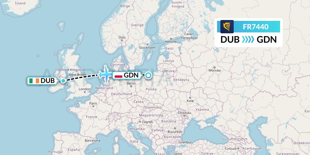 FR7440 Ryanair Flight Map: Dublin to Gdansk