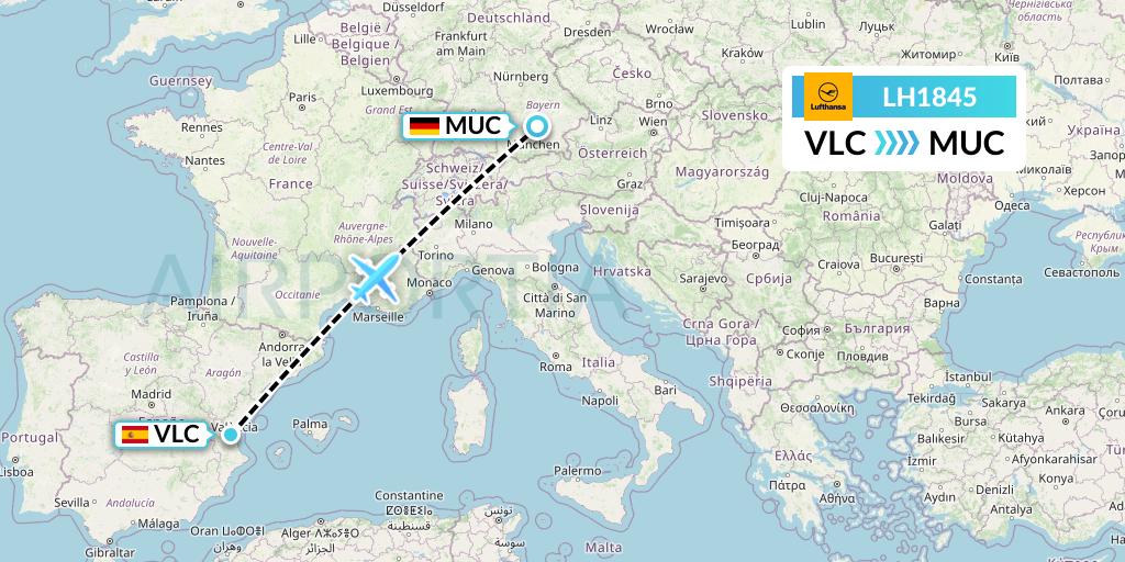 LH1845 Lufthansa Flight Map: Valencia to Munich
