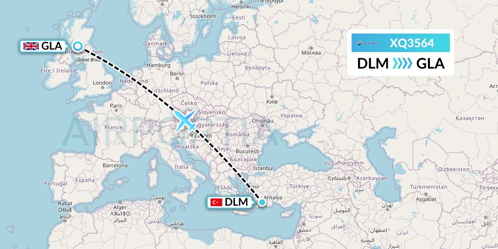 XQ3564 SunExpress Flight Map: Dalaman to Glasgow