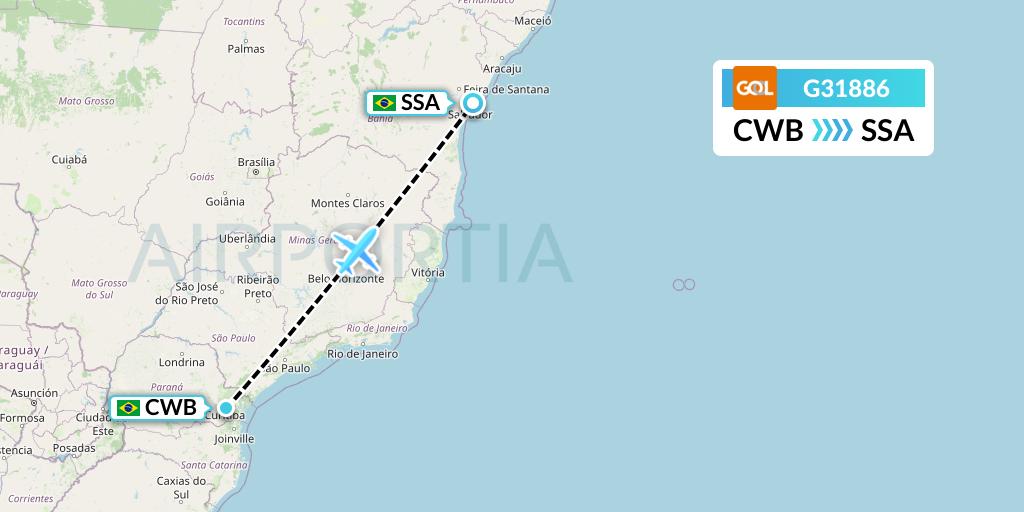 G31886 GOL Transportes Aeros Flight Map: Curitiba to Salvador