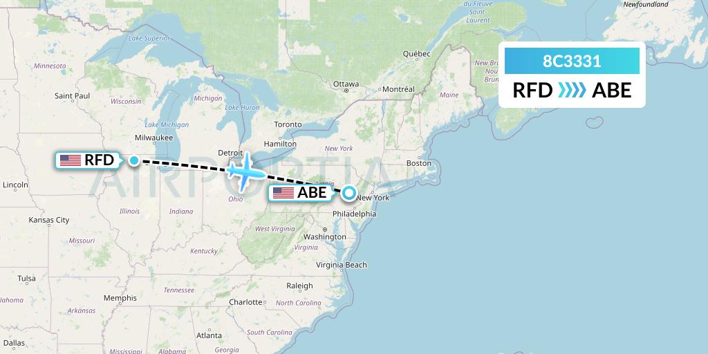 8C3331 Air Transport International Flight Map: Chicago to Allentown