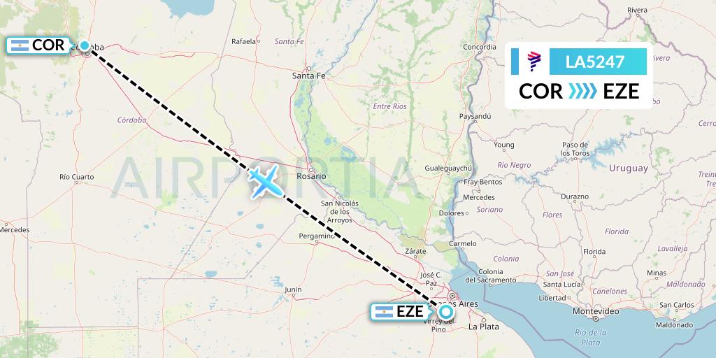 LA5247 LAN Airlines Flight Map: Cordoba to Buenos Aires