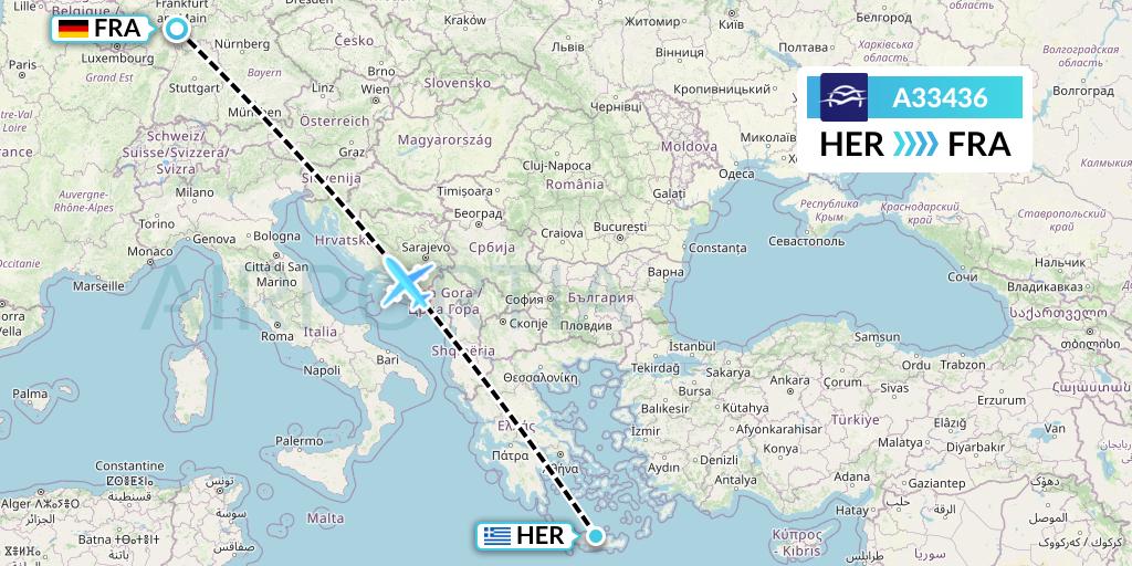 A33436 Aegean Airlines Flight Map: Heraklion to Frankfurt