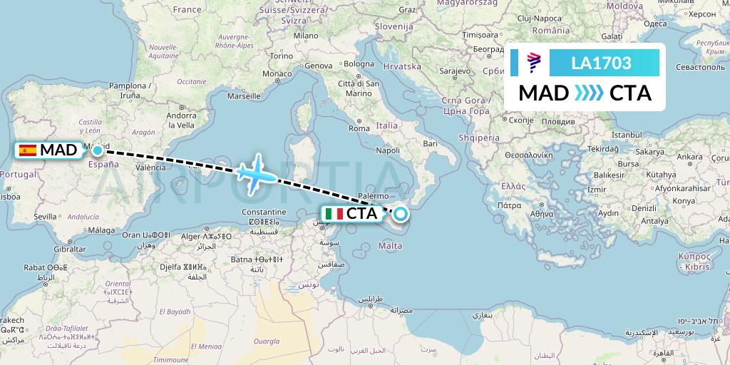 LA1703 LAN Airlines Flight Map: Madrid to Catania