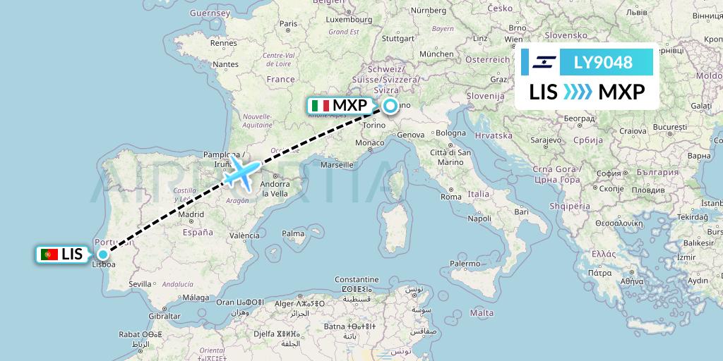 LY9048 El Al Flight Map: Lisbon to Milan
