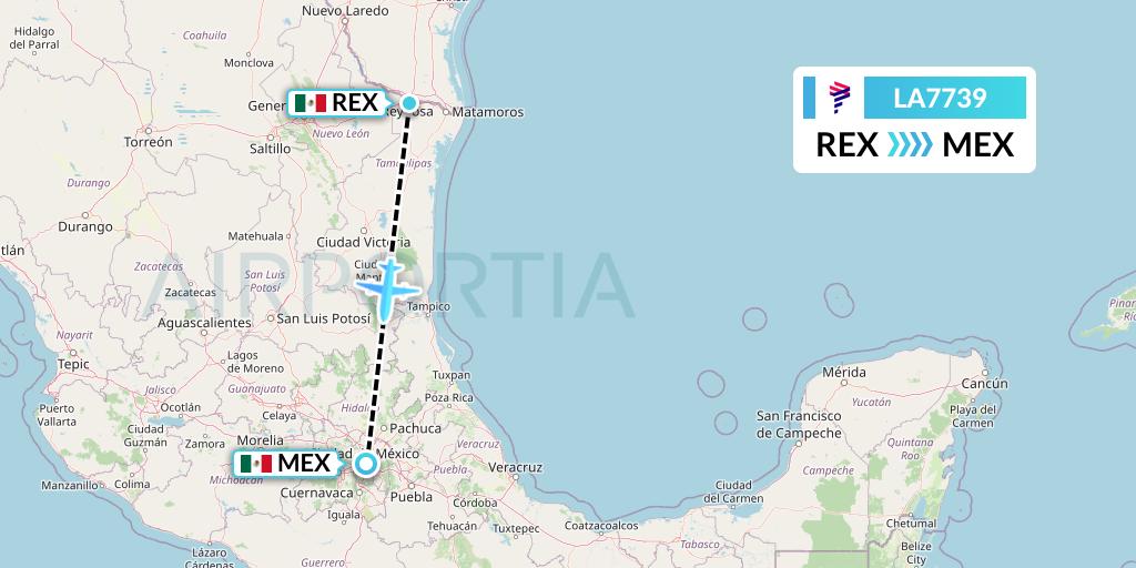LA7739 LAN Airlines Flight Map: Reynosa to Mexico City