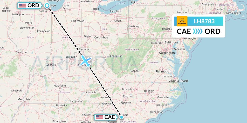 LH8783 Lufthansa Flight Map: Columbia to Chicago