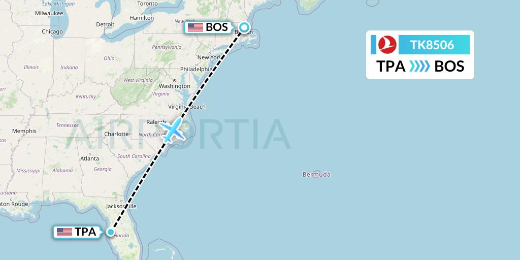 TK8506 Turkish Airlines Flight Map: Tampa to Boston