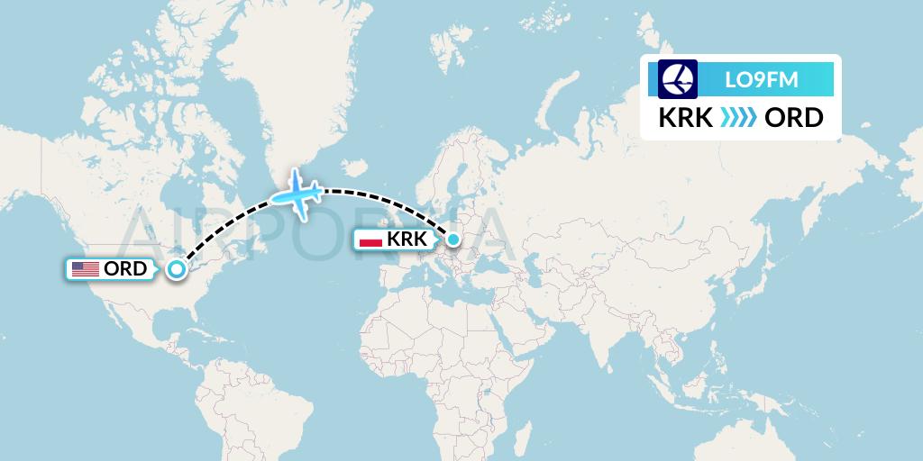 LO9FM LOT Flight Map: Krakow to Chicago