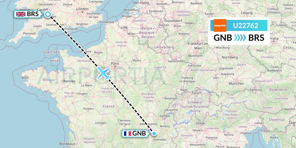 U22762 EasyJet Flight Map: Grenoble to Bristol