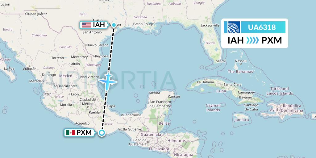 UA6318 United Airlines Flight Map: Houston to Puerto Escondido