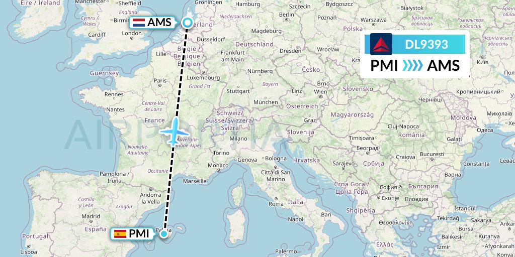DL9393 Delta Air Lines Flight Map: Palma de Mallorca to Amsterdam