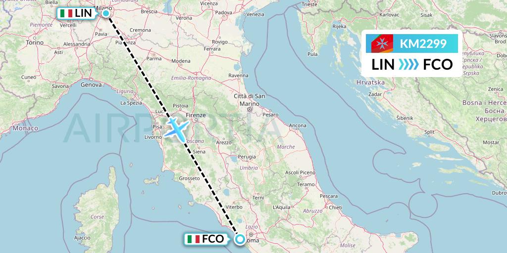 KM2299 Air Malta Flight Map: Milan to Rome