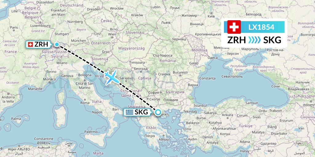LX1854 Swiss Flight Map: Zurich to Thessaloniki