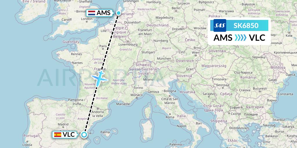SK6850 SAS Flight Map: Amsterdam to Valencia